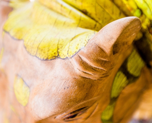 Close up houten oor Hippo Small - teak designstoel met handbeschilderde lederen zitting - exotic design