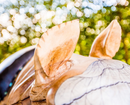 Close up van de oren van de Rhino handgemaakt teak houten designmeubel met handgeschilderde lederen zitting - interieur design - Angels Objects